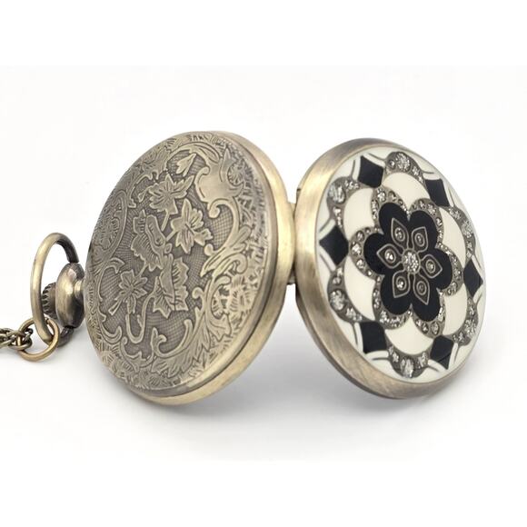 Black & White Floral Pendant & Pocket Watch - Crystal Rhinestones, Vintage Look - Picture 5 of 10